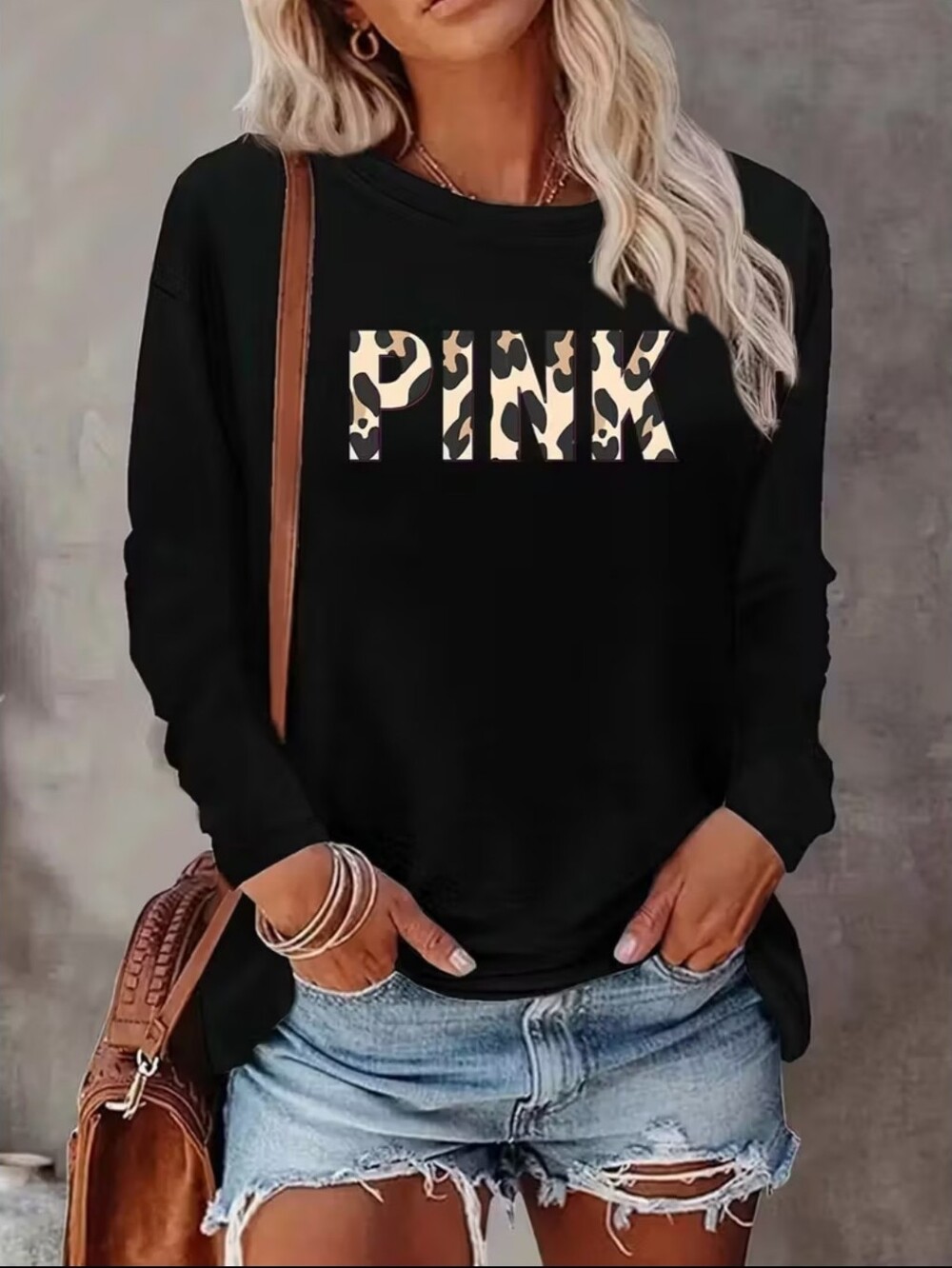 Black Long-Sleeve Top with Leopard 'PINK' Graphic